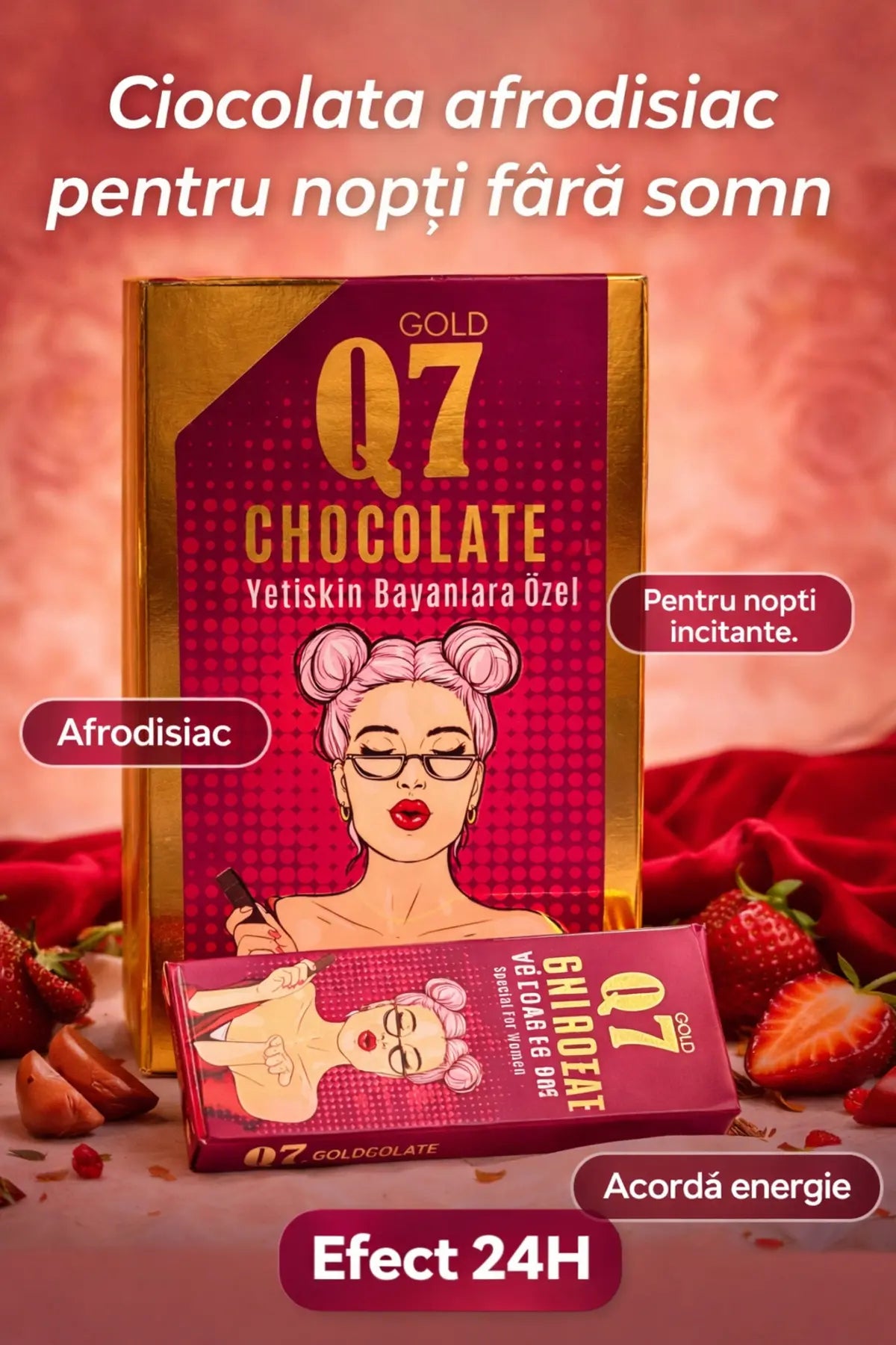 Ciocolată Afrodisiacă Q7 Strawberry – Supliment Alimentar Natural, 12 bucăți