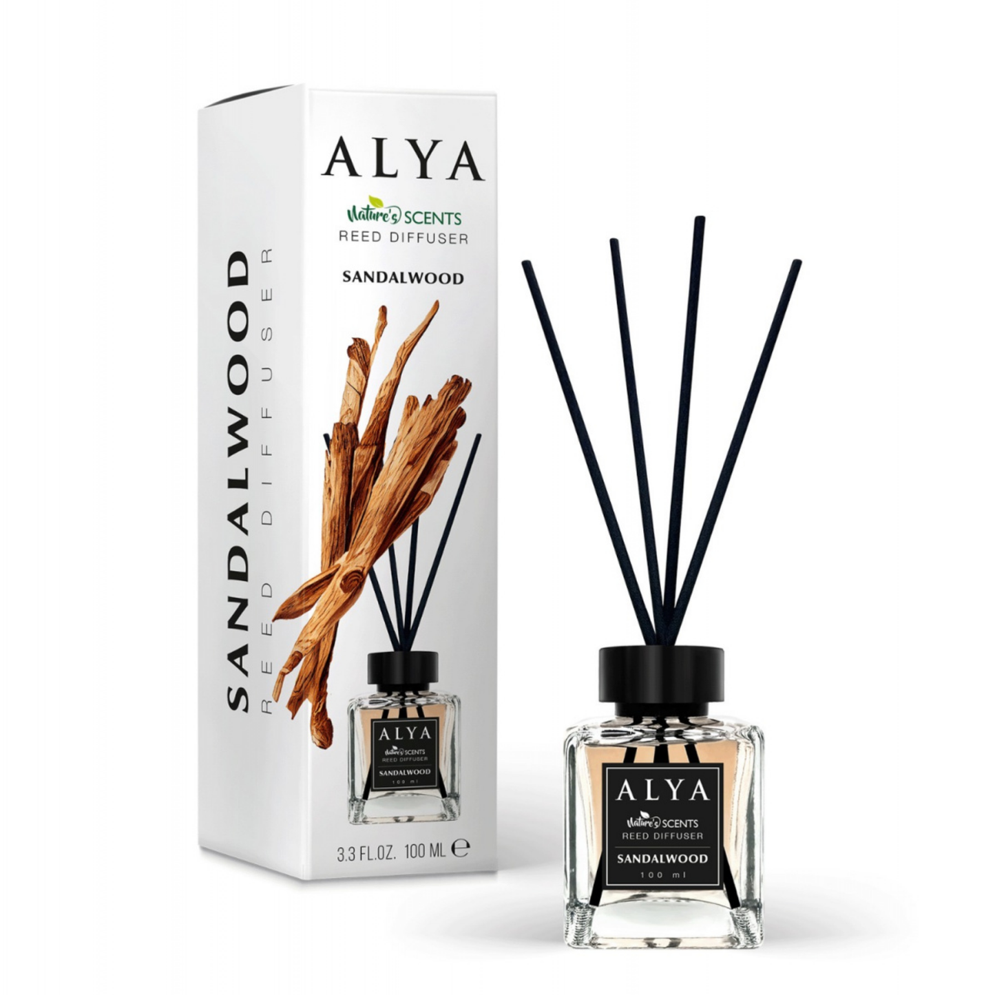 Odorizant de cameră Alya Sandalwood cu bețișoare din ratan – 100 ml. Aromă caldă de lemn de santal
