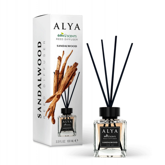 Odorizant de cameră Alya Sandalwood cu bețișoare din ratan – 100 ml. Aromă caldă de lemn de santal