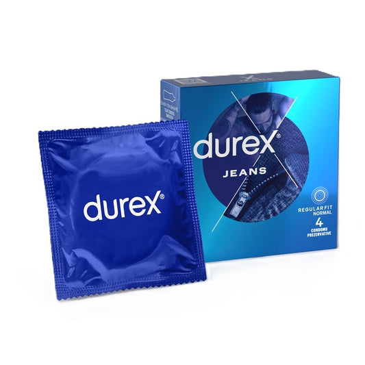 Prezervative Durex Jeans 4 bucăți — Latex Natural, Formă Easy-On, Lubrifiere Silicone