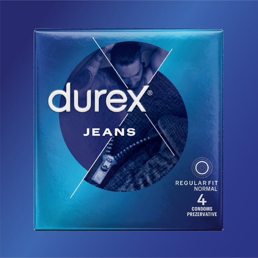 Prezervative Durex Jeans 4 bucăți — Latex Natural, Formă Easy-On, Lubrifiere Silicone